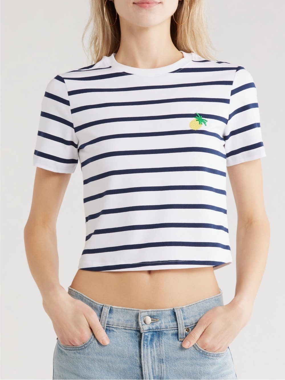 French Connection White and Navy Striped Cropped Tee with Pineapple